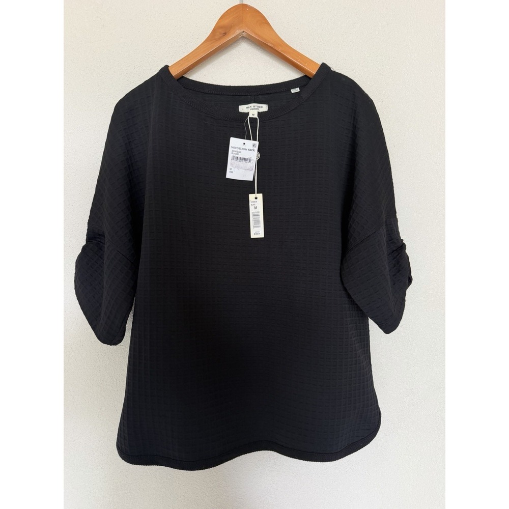 Max Studio Black Textured Ruched Sleeve Top M Quiet Luxury Minimalist Chic